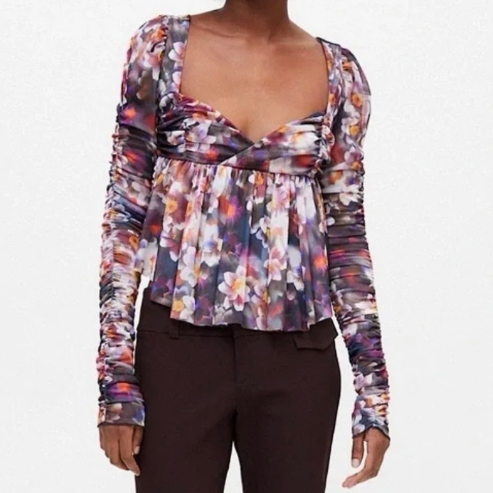 Urban Outfitters Floral Ruffle Ruched Mesh Long Sleeve Babydoll Top, Size S